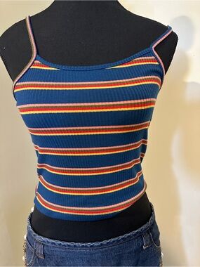 Striped Ribbed Blue Tank Top with Multicolor Accents